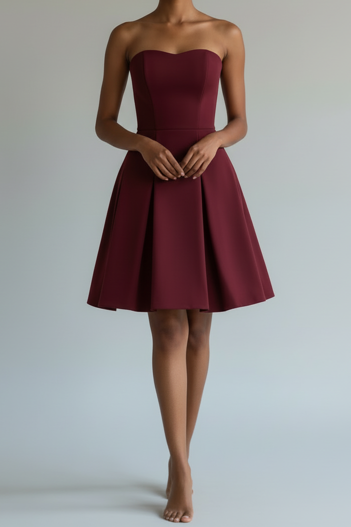 Woman in a burgundy dress sitting on a light gray floor against a plain wall.